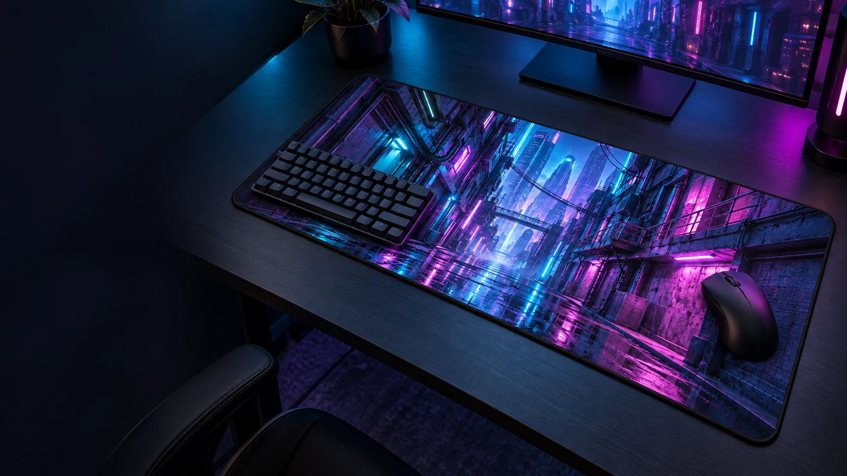 Haventique Neon Alley mouse pad in a gaming setup